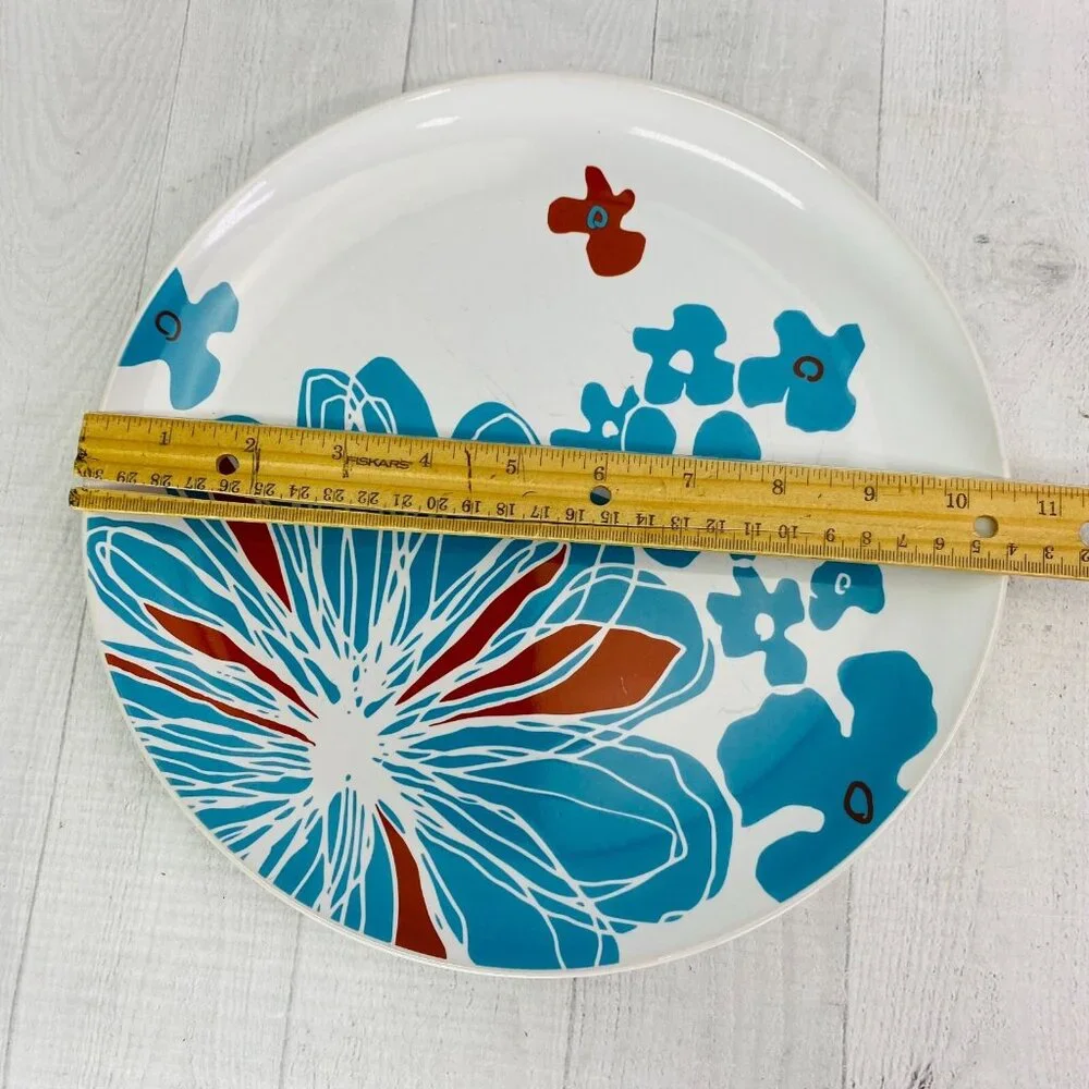 Ikea BULLRA 15199 Turquoise Red Floral Round Stoneware Dinner Plates Set of 4